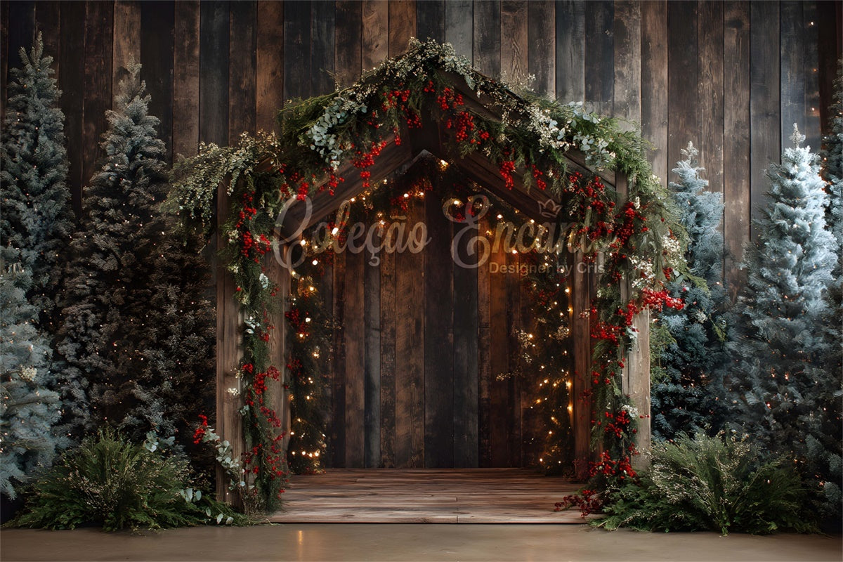Christmas Backdrops Wooden Doorway Pine Garland Backdrop UK By Magali