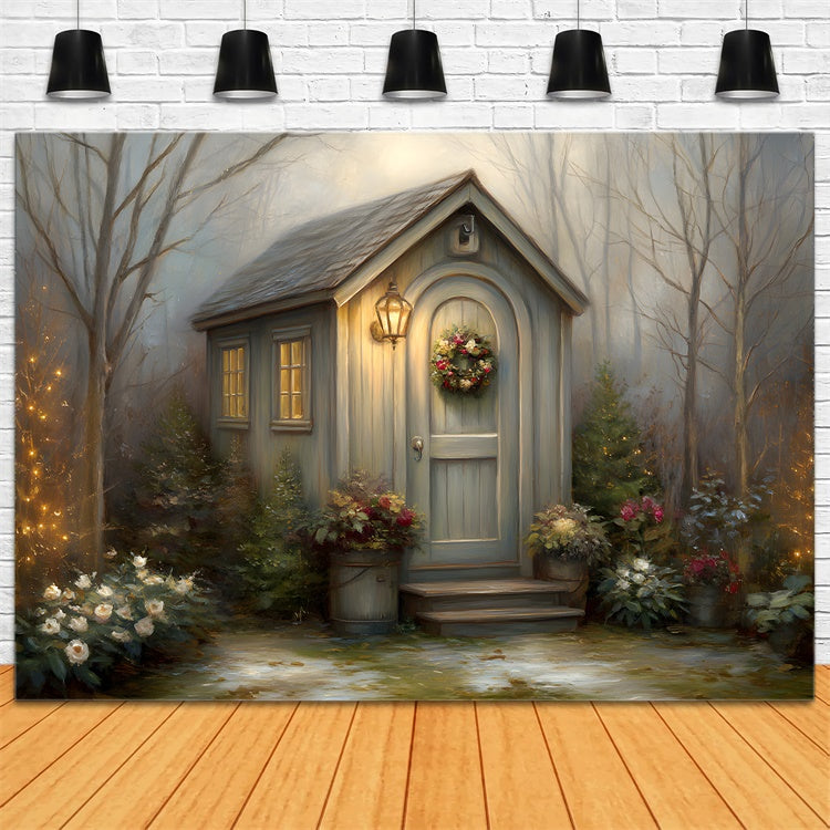 Christmas Backdrop Winter Cottage Wreath Forest Backdrop UK By Magali