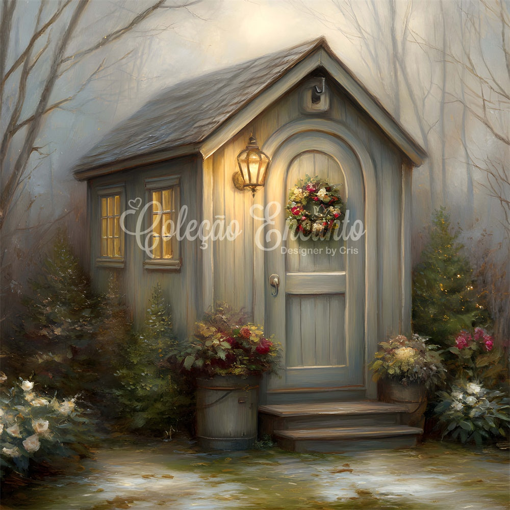 Christmas Backdrop Winter Cottage Wreath Forest Backdrop UK By Magali