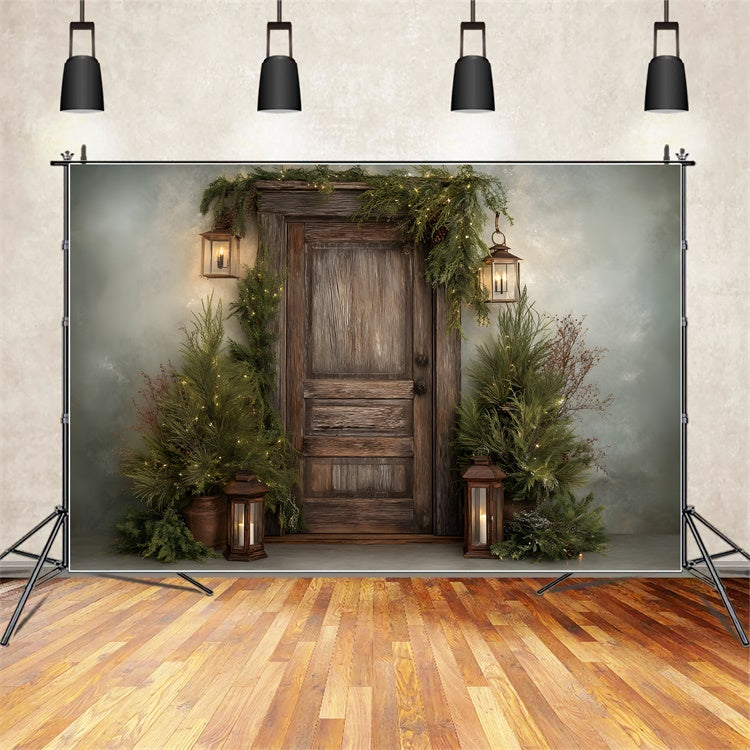 Christmas Backdrops Rustic Wooden Door Greenery Backdrop UK By Magali