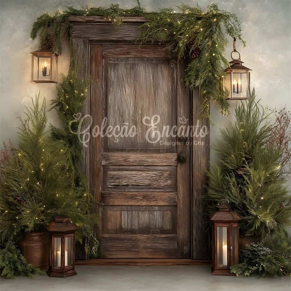 Christmas Backdrops Rustic Wooden Door Greenery Backdrop UK By Magali