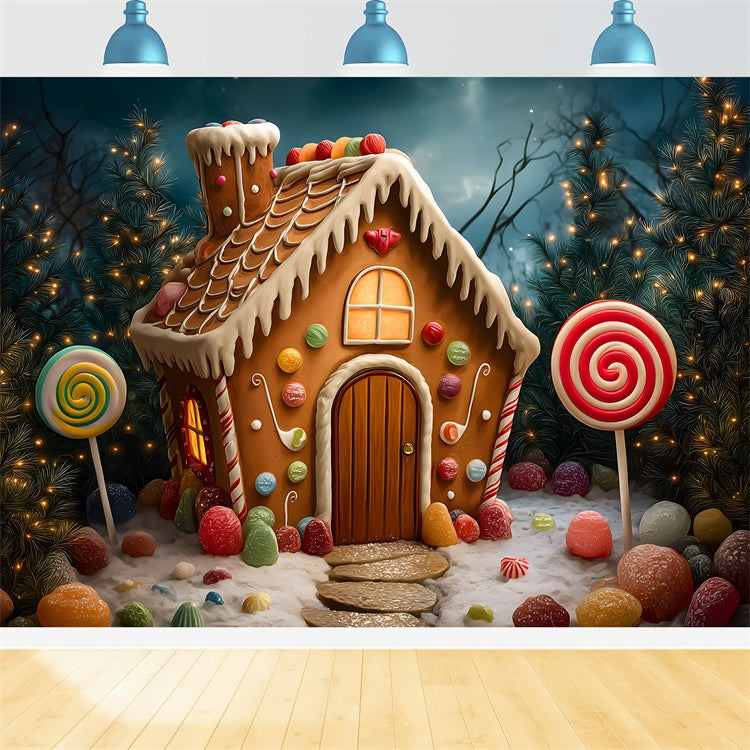 Christmas Photo Backdrop Candy Cottage Tree Lights Backdrop UK By Magali
