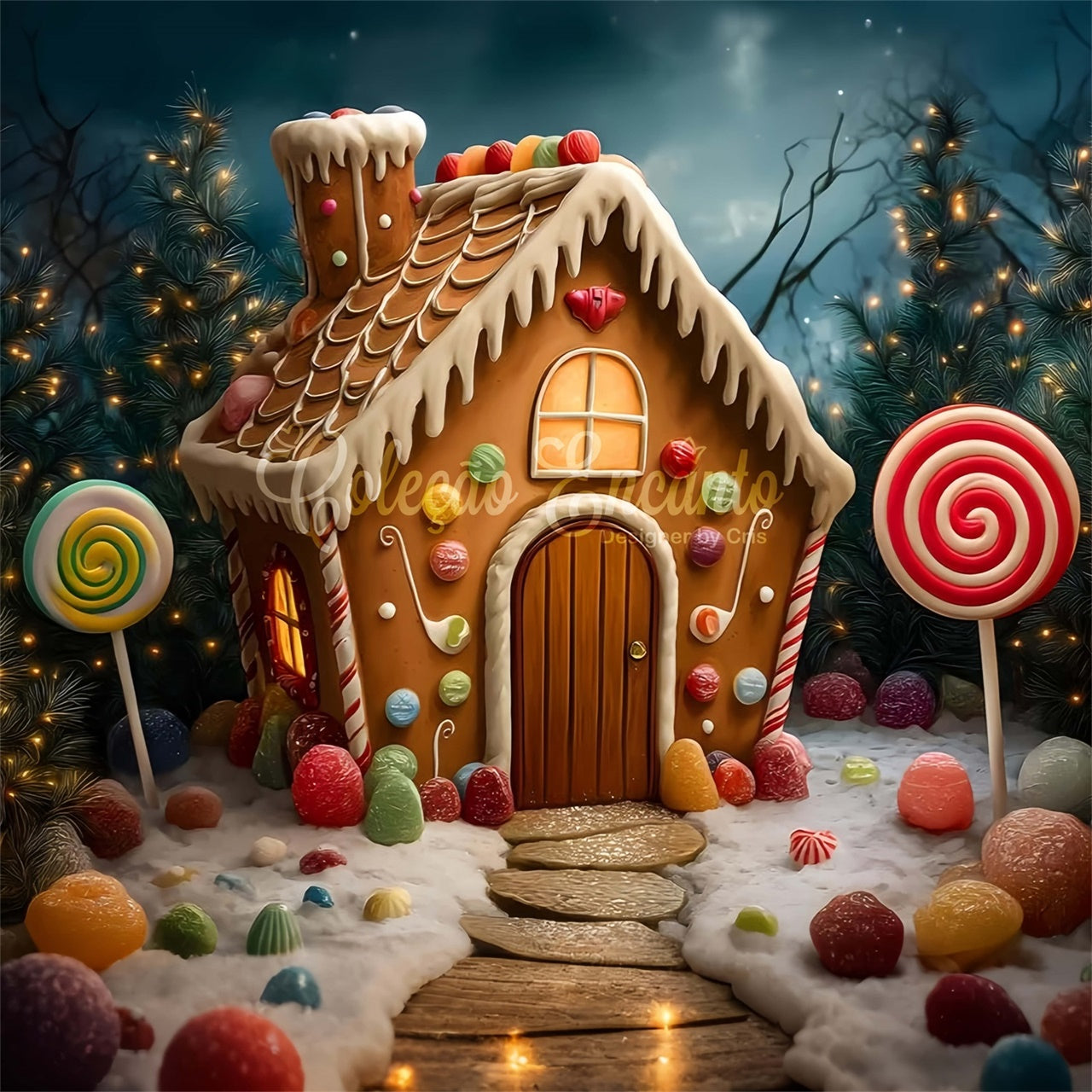 Christmas Photo Backdrop Candy Cottage Tree Lights Backdrop UK By Magali