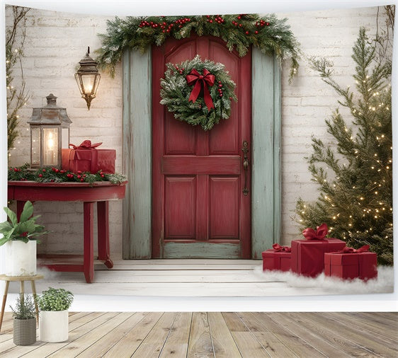 Professional Christmas Backdrops Red Door Wreath Gift Backdrop UK By Magali