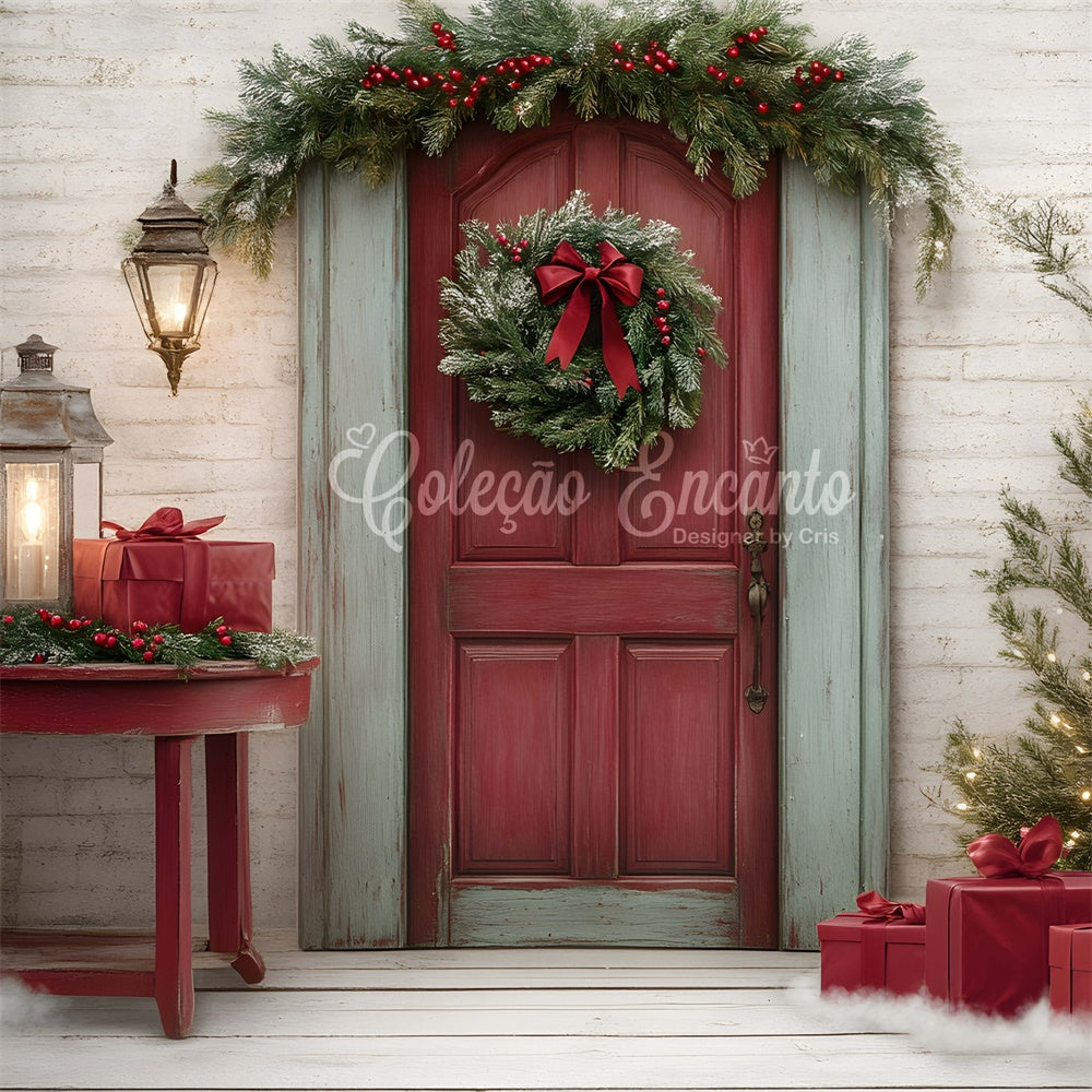 Professional Christmas Backdrops Red Door Wreath Gift Backdrop UK By Magali