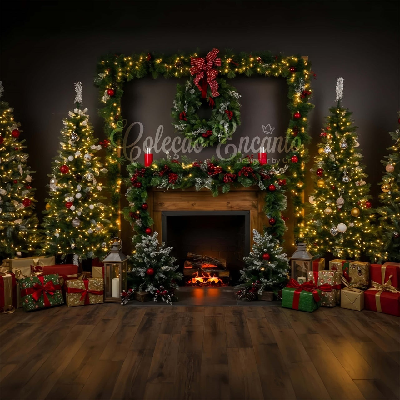 Christmas Fireplace Backdrop Cozy Fireplace Garland Tree Backdrop UK By Magali