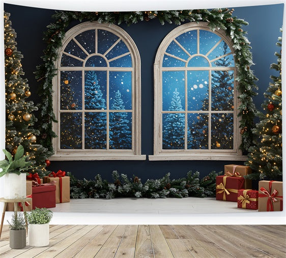Christmas Photo Backdrop Arched Windows Snowy Backdrop UK By Magali