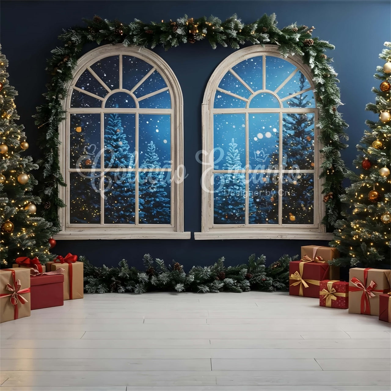 Christmas Photo Backdrop Arched Windows Snowy Backdrop UK By Magali