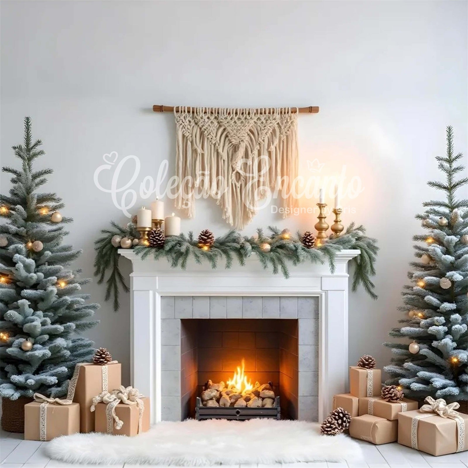 High Resolution Christmas Backdrop Pine Garland Fireplace Backdrop UK By Magali