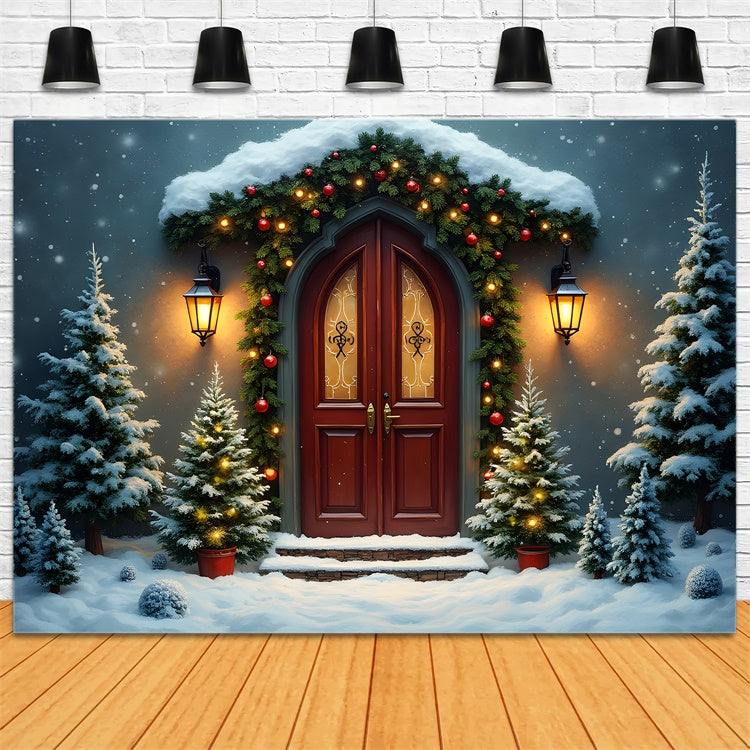 Christmas Photo Backdrop Gothic Door Pine Snow Backdrop UK By Magali