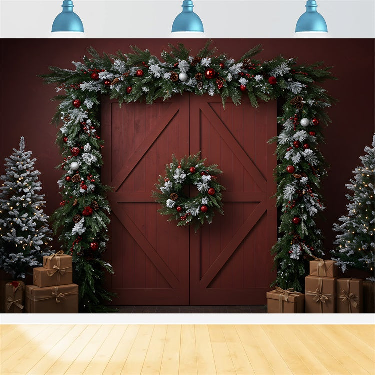 Christmas Backdrop For Photos Rustic Red Door Wreath Backdrop UK By Magali