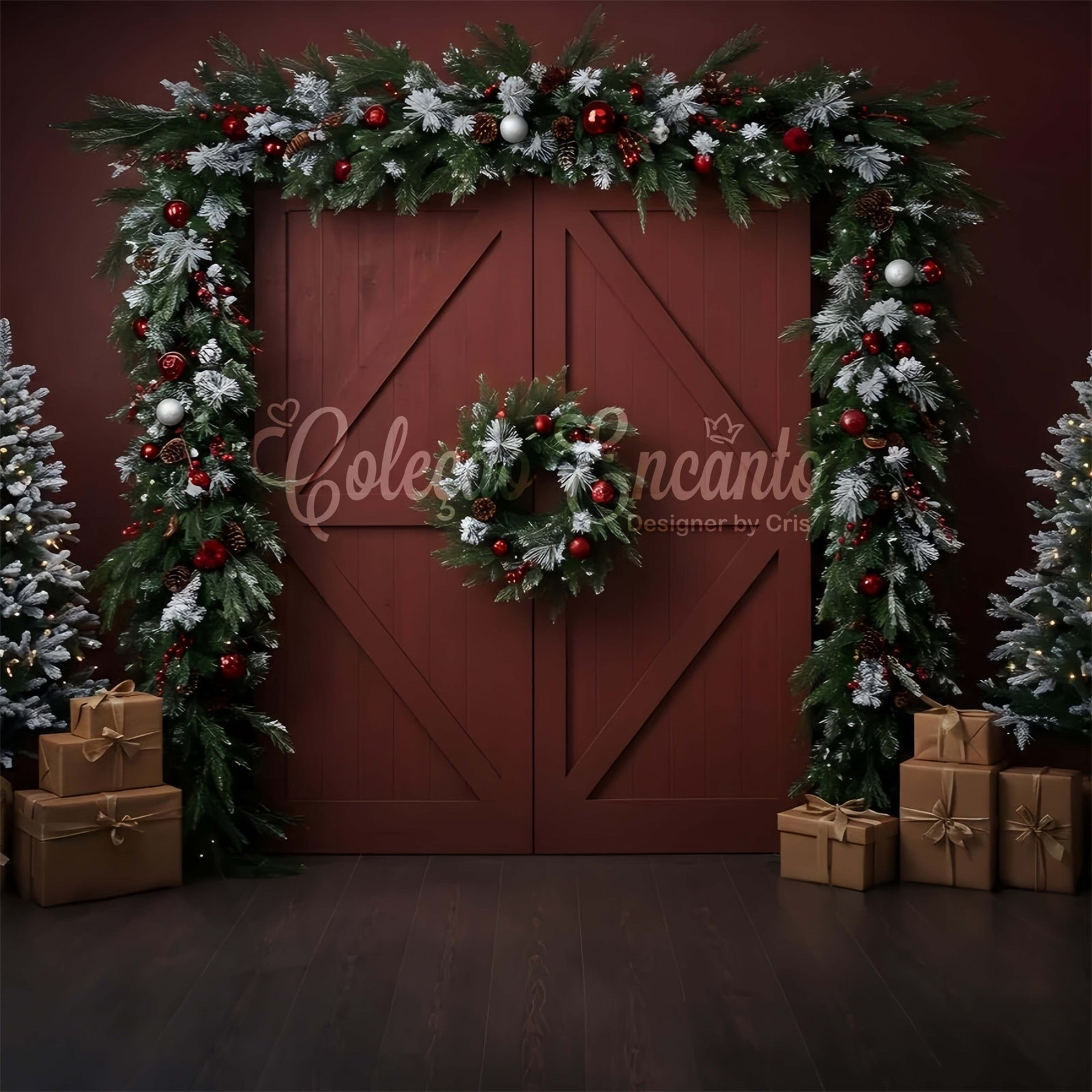 Christmas Backdrop For Photos Rustic Red Door Wreath Backdrop UK By Magali
