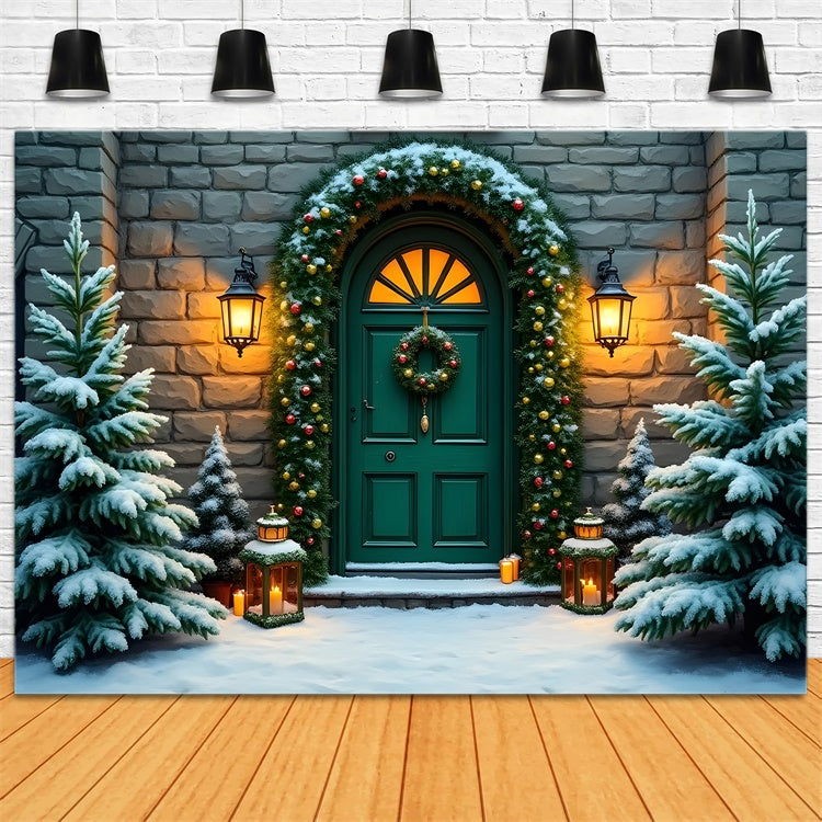 Xmas Backdrops Stone Wall Wreath Green Door Backdrop UK By Magali