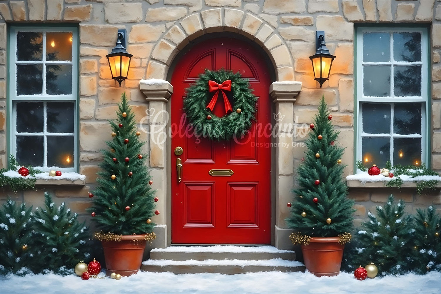 Christmas Photography Backdrops Red Door Stone Wall Backdrop UK By Magali