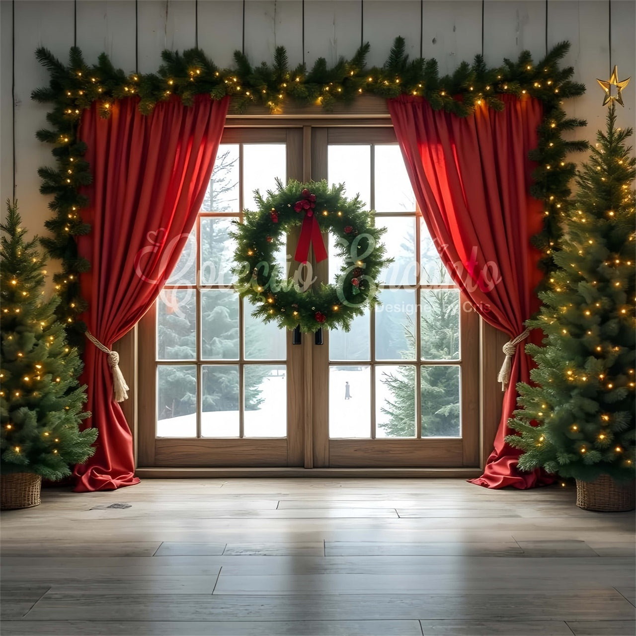 Christmas Photography Backdrops Red Curtain Window Backdrop UK By Magali