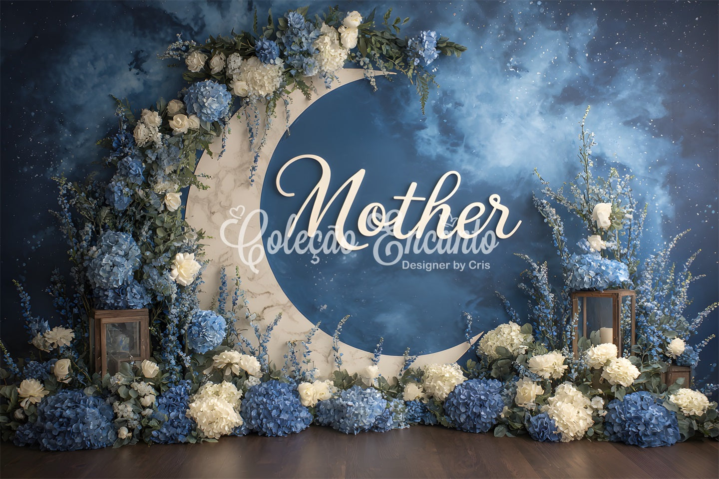 Mothers Day Backdrops Blue Floral Moon Arch Happy Mothers Day Backdrops UK By Magali