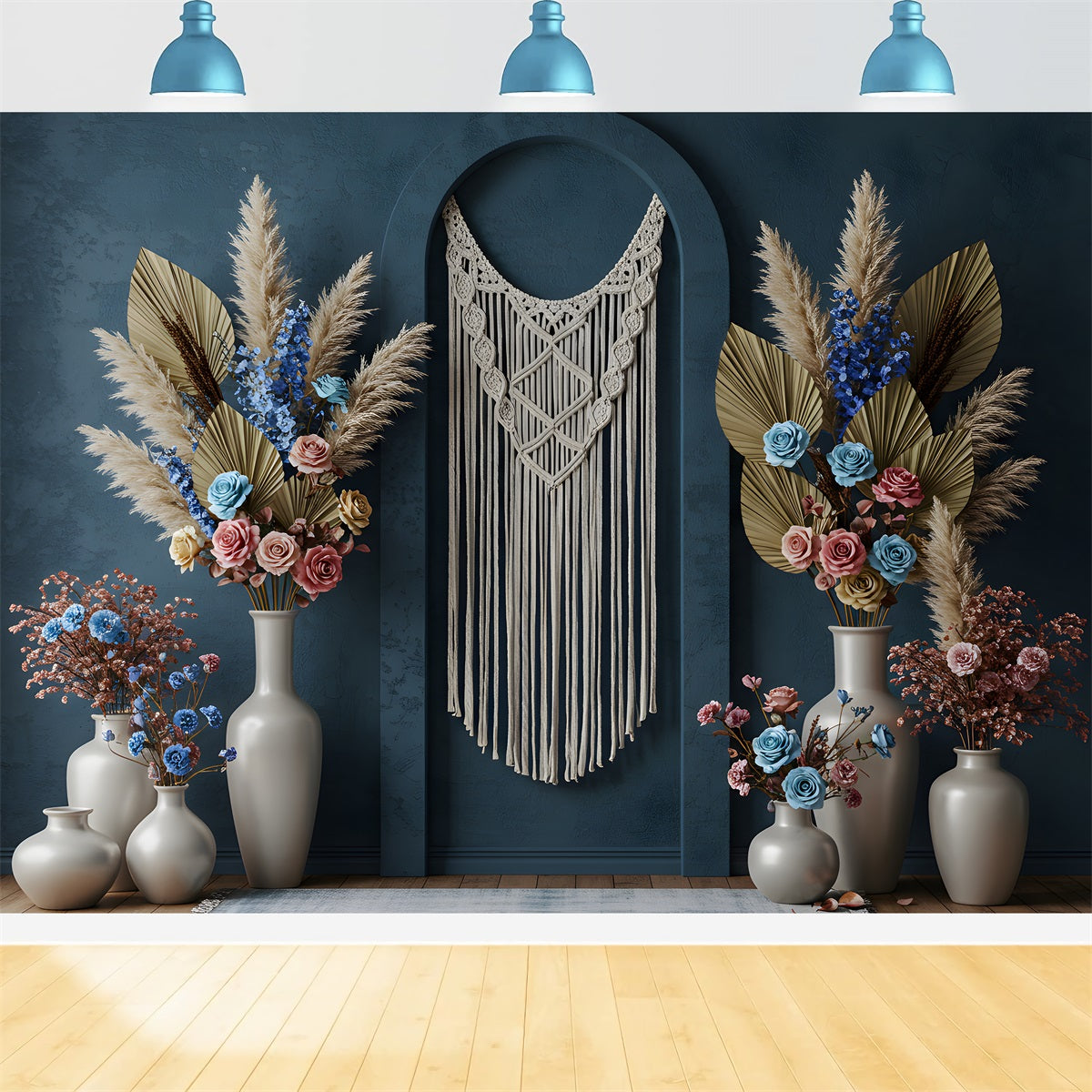 Mother's Day Photo Backdrops Blue Macrame Floral Photo Booth Mothers Day Backdrop UK By Magali