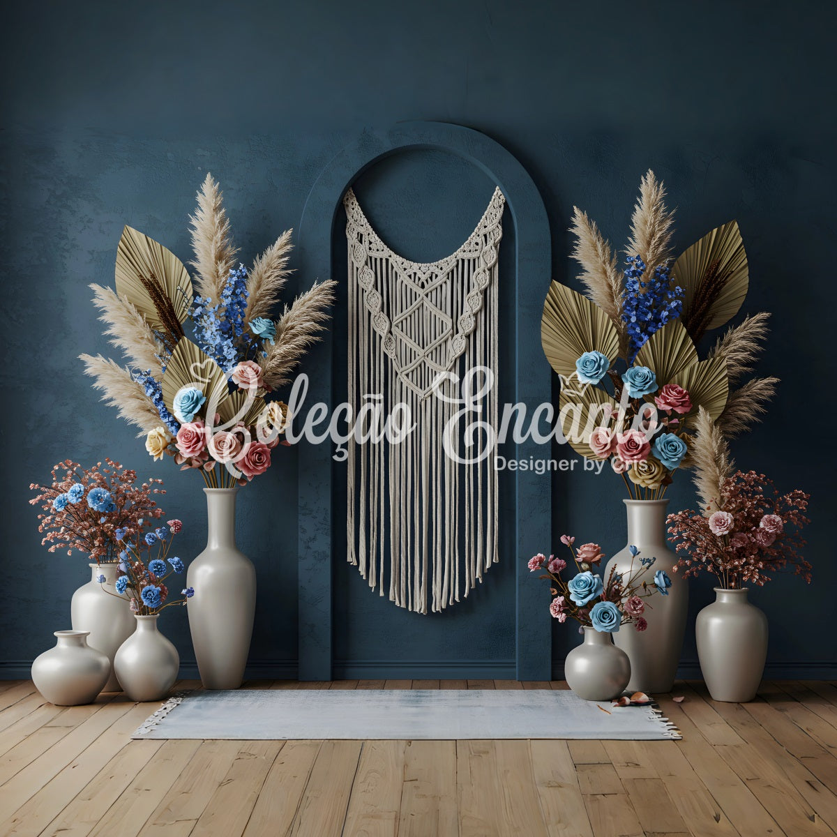 Mother's Day Photo Backdrops Blue Macrame Floral Photo Booth Mothers Day Backdrop UK By Magali