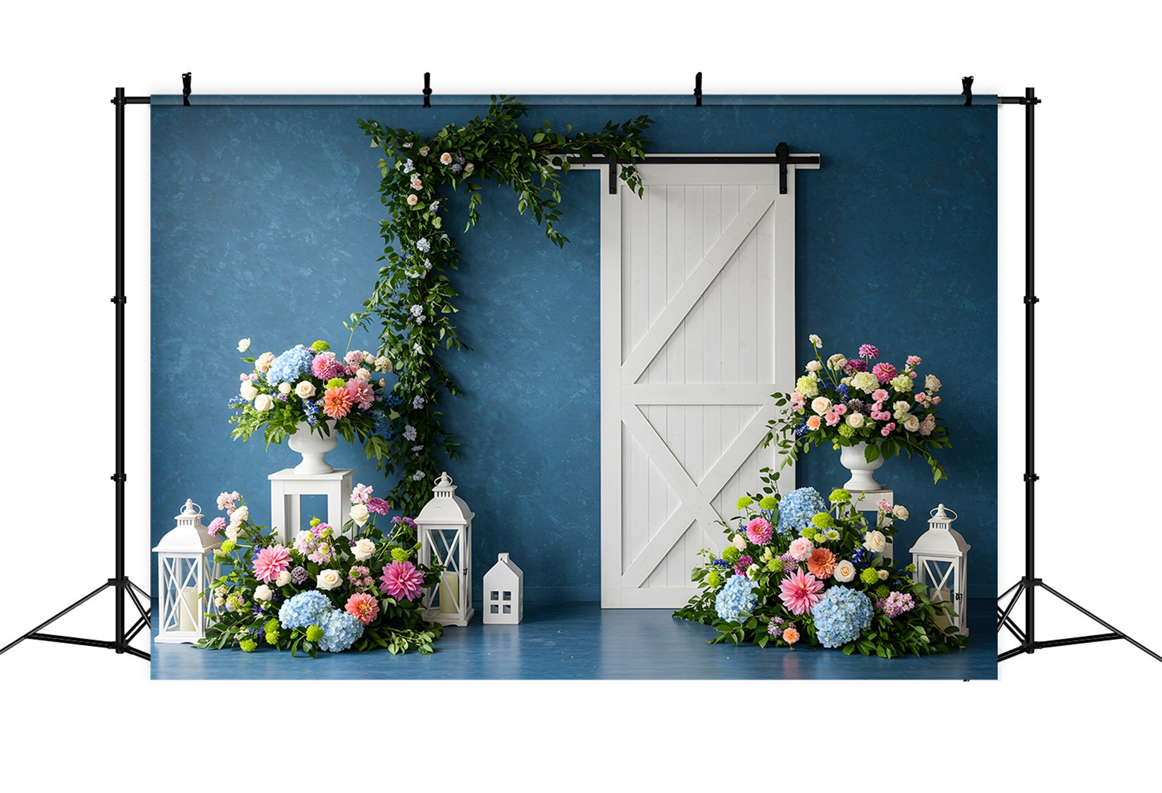 Mother's Day Photo Booth Backdrop Blue Wall White Door Floral Backdrop For Mother's Day UK By Magali
