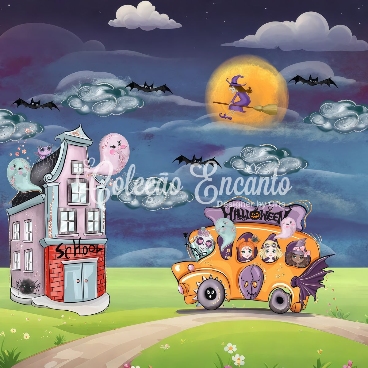 Children Backdrop Ghost Witch School Bus Night Halloween Backdrops For Kids UK By Magali