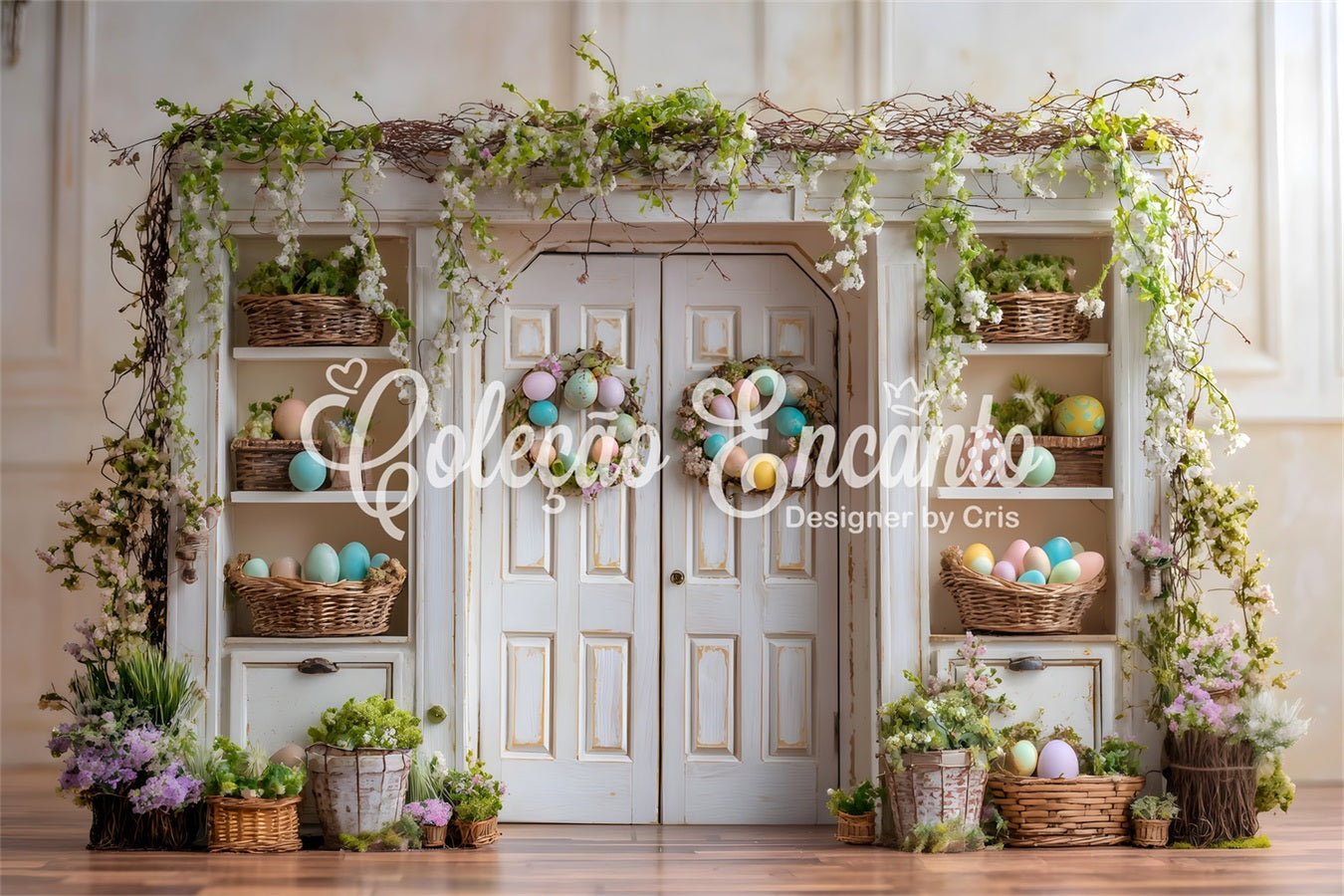 Easter Spring Floral Wreath Backdrop Vine Door Egg Shelves Easter Backdrops UK By Magali