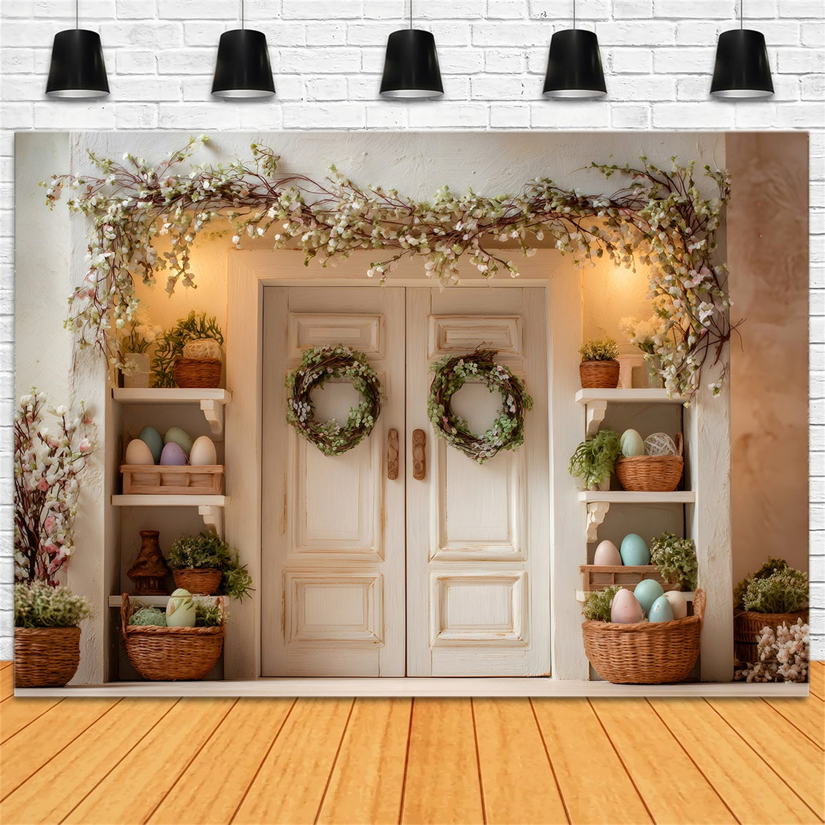 Easter Spring Backdrop Blossom Door Green Wreaths Easter Photoshoot Backdrop UK By Magali