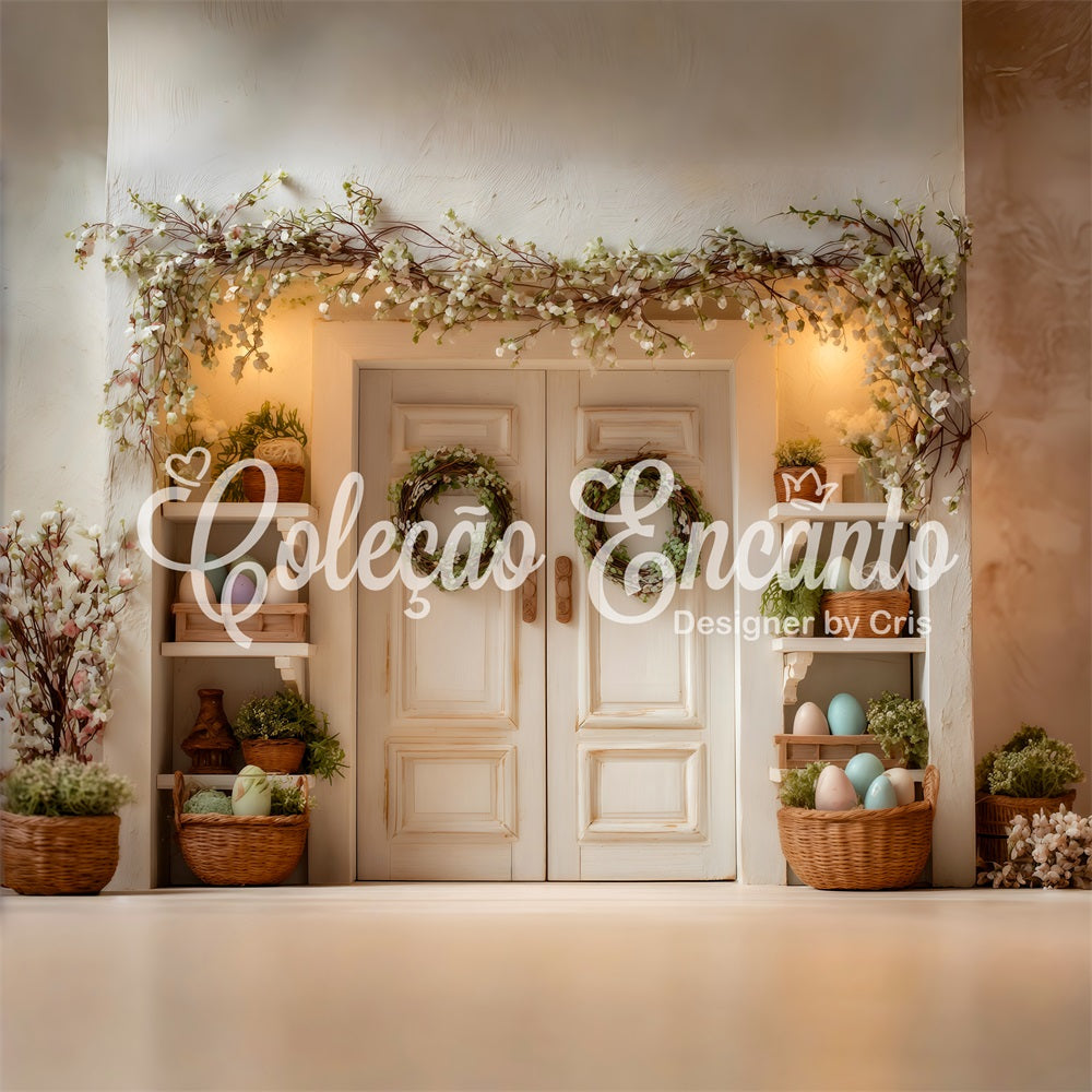 Easter Spring Backdrop Blossom Door Green Wreaths Easter Photoshoot Backdrop UK By Magali