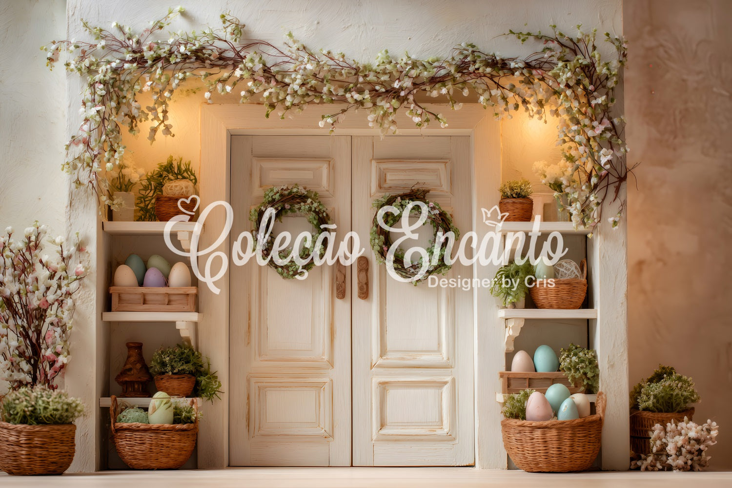 Easter Spring Backdrop Blossom Door Green Wreaths Easter Photoshoot Backdrop UK By Magali