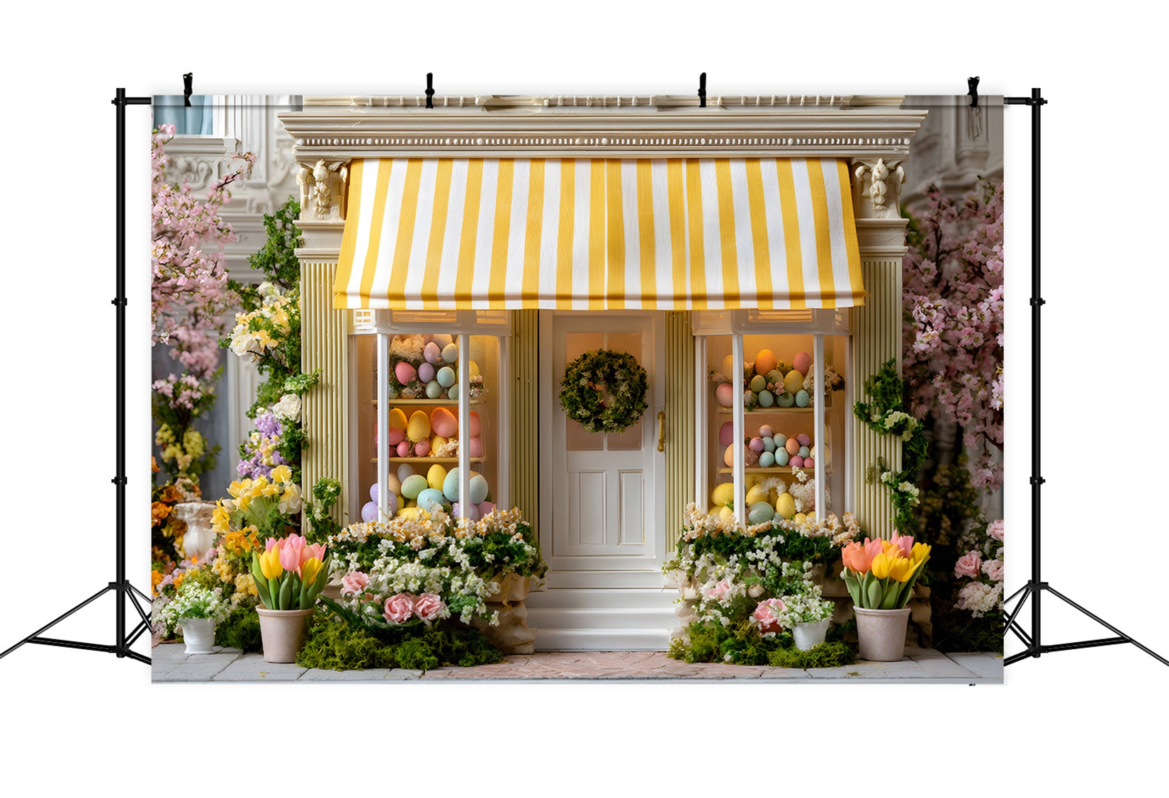 Easter European Garden Backdrop Yellow Awning Egg Shop Backdrop Easter UK By Magali
