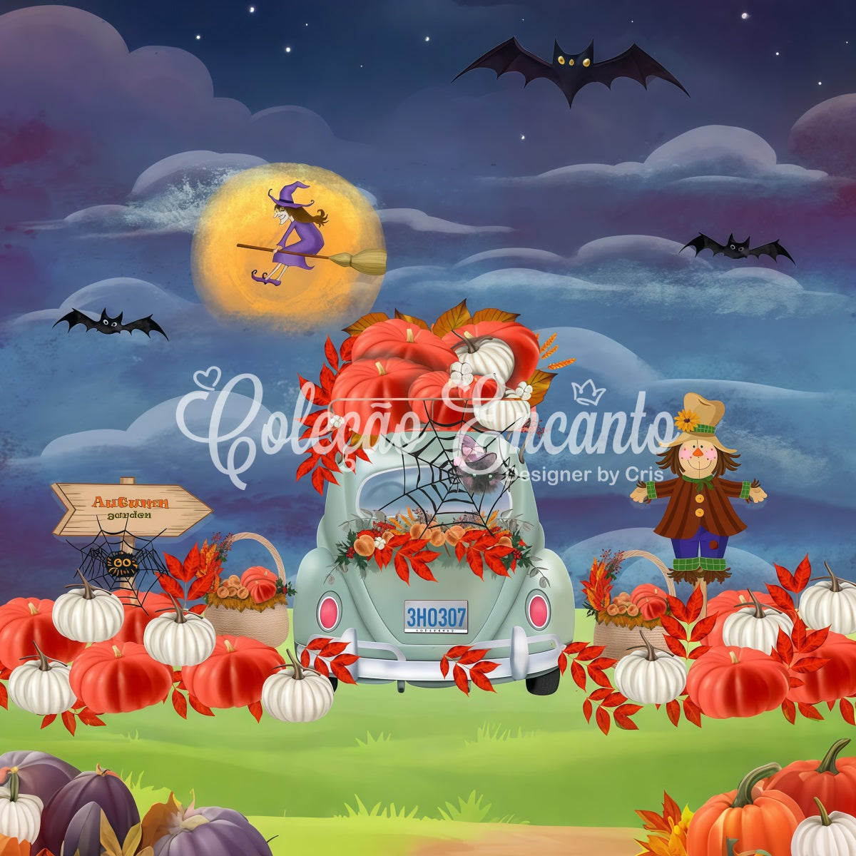 Childrens Backdrops Autumn Pumpkin Car Harvest Moon Halloween Backdrop Kids UK By Magali