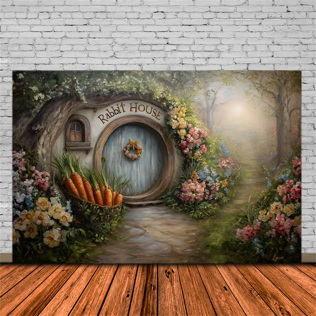 Easter Bunny Burrow Backdrop Hobbit Door Carrot Blooms Easter Photography Backdrop UK By Magali