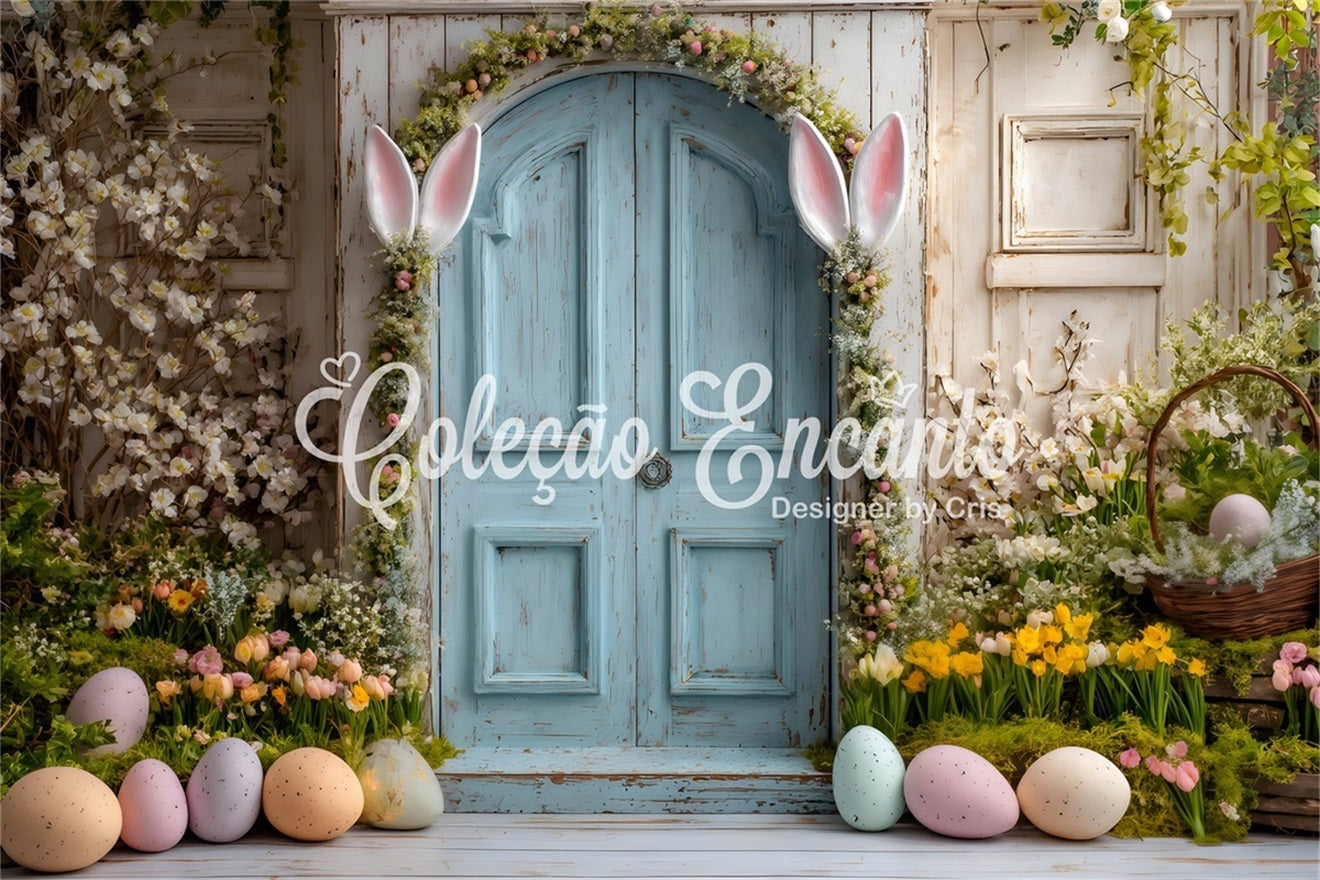 Easter Daffodil Backdrop Bunny Ears Blue Door Backdrops For Easter Pictures UK By Magali
