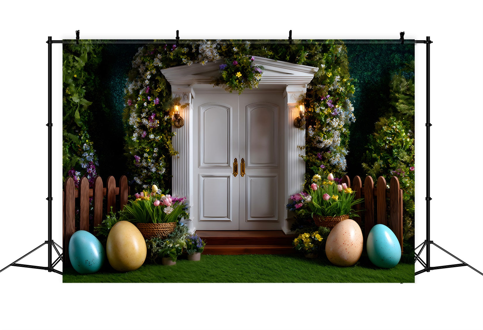 Easter European Garden Backdrop White Door Egg Tulips Photography Easter Backdrop UK By Magali