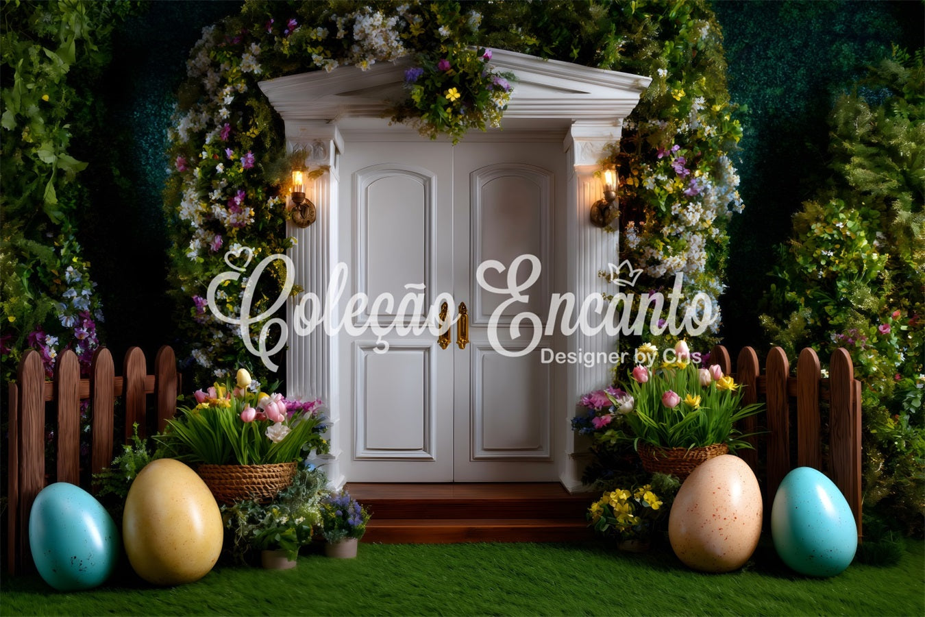 Easter European Garden Backdrop White Door Egg Tulips Photography Easter Backdrop UK By Magali
