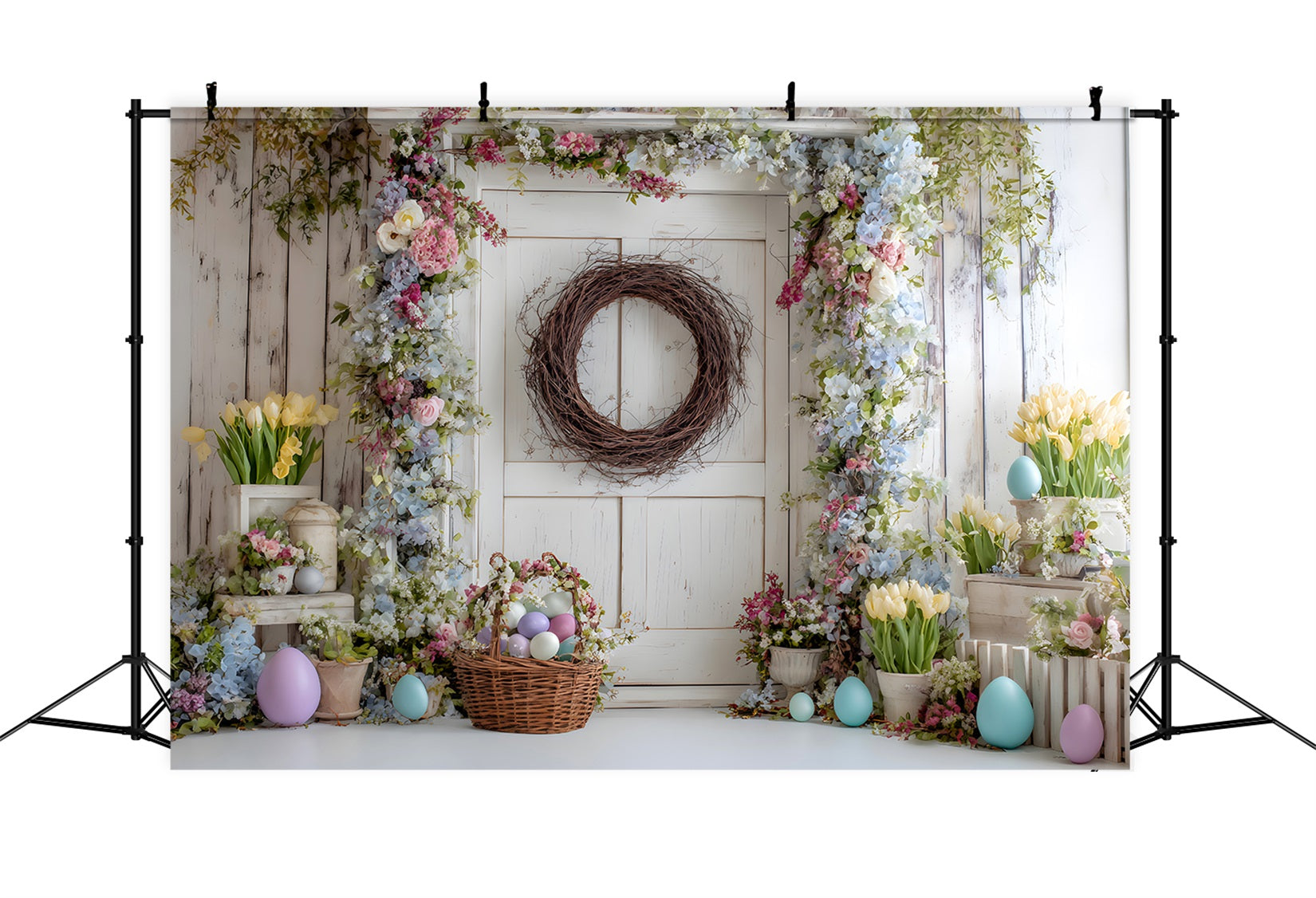 Easter Spring Floral Wreath Backdrop Floral Door Egg Basket Happy Easter Backdrops UK By Magali