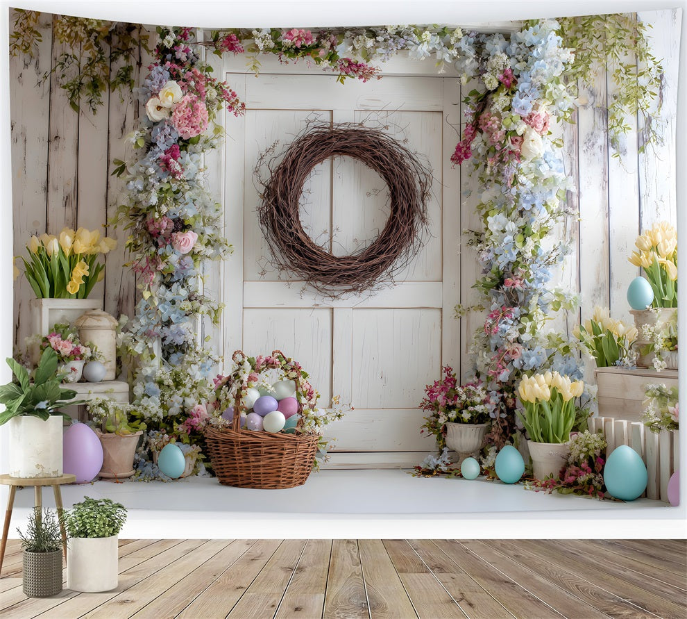 Easter Spring Floral Wreath Backdrop Floral Door Egg Basket Happy Easter Backdrops UK By Magali
