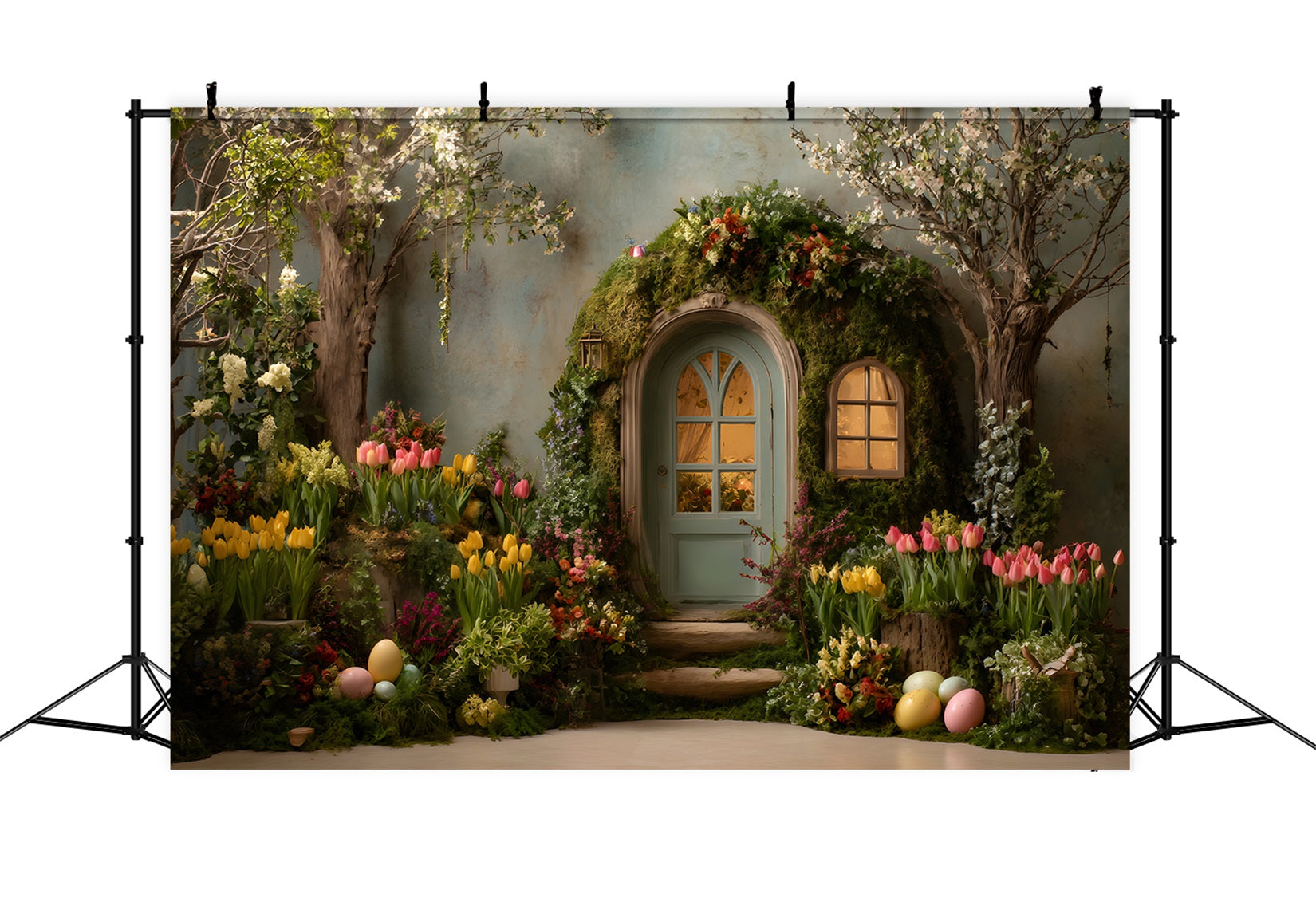 Easter Rustic Backdrop Mossy Arch Tulip Eggs Outdoor Easter Backdrops UK By Magali