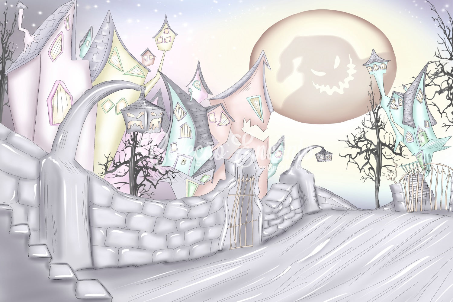 Newborn Photography Backdrop Haunted Village Crooked Moon Halloween Backdrops For Kids UK By Magali