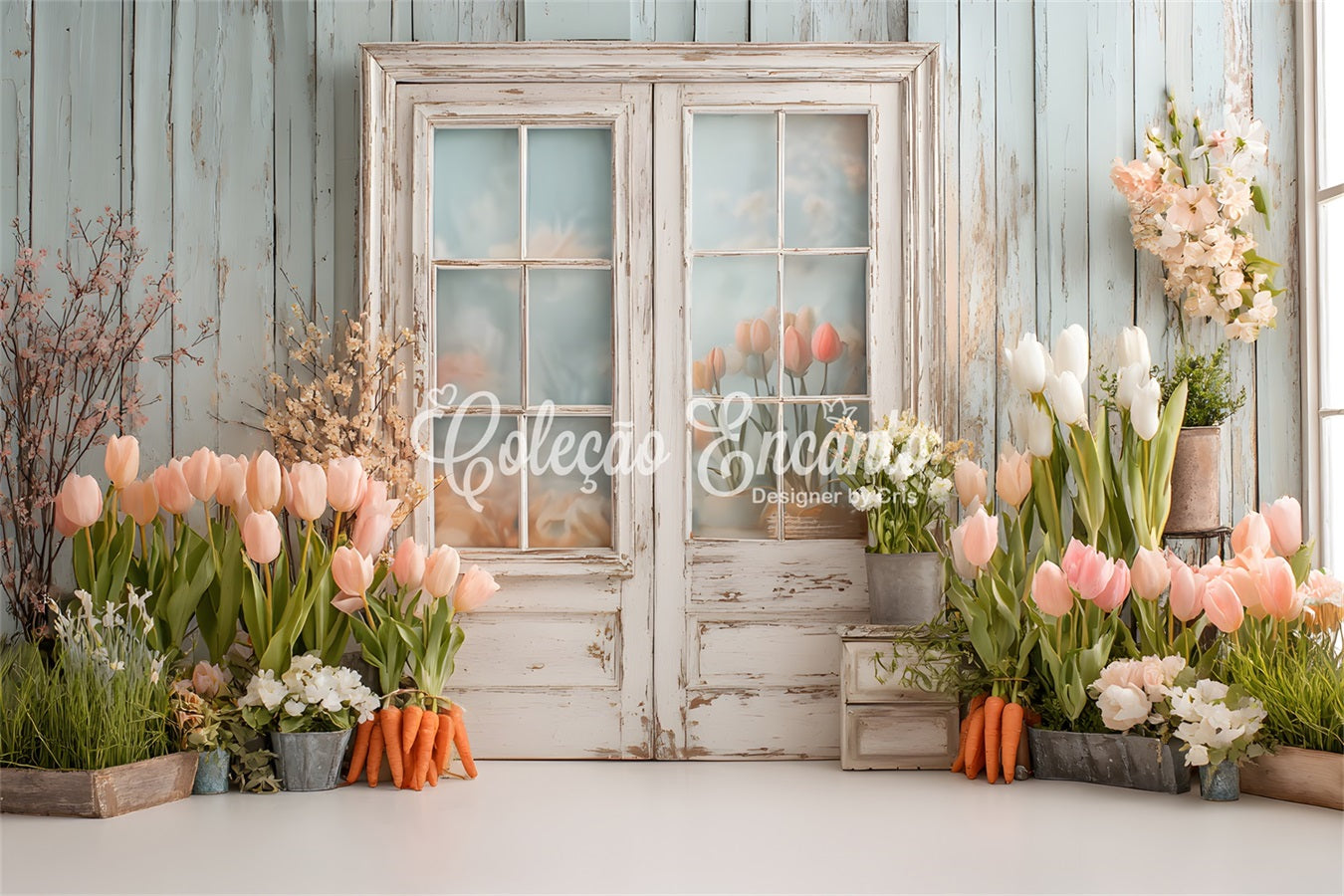 Easter Tulip Backdrop Vintage Window Garden Charm Easter Photography Backdrops UK By Magali