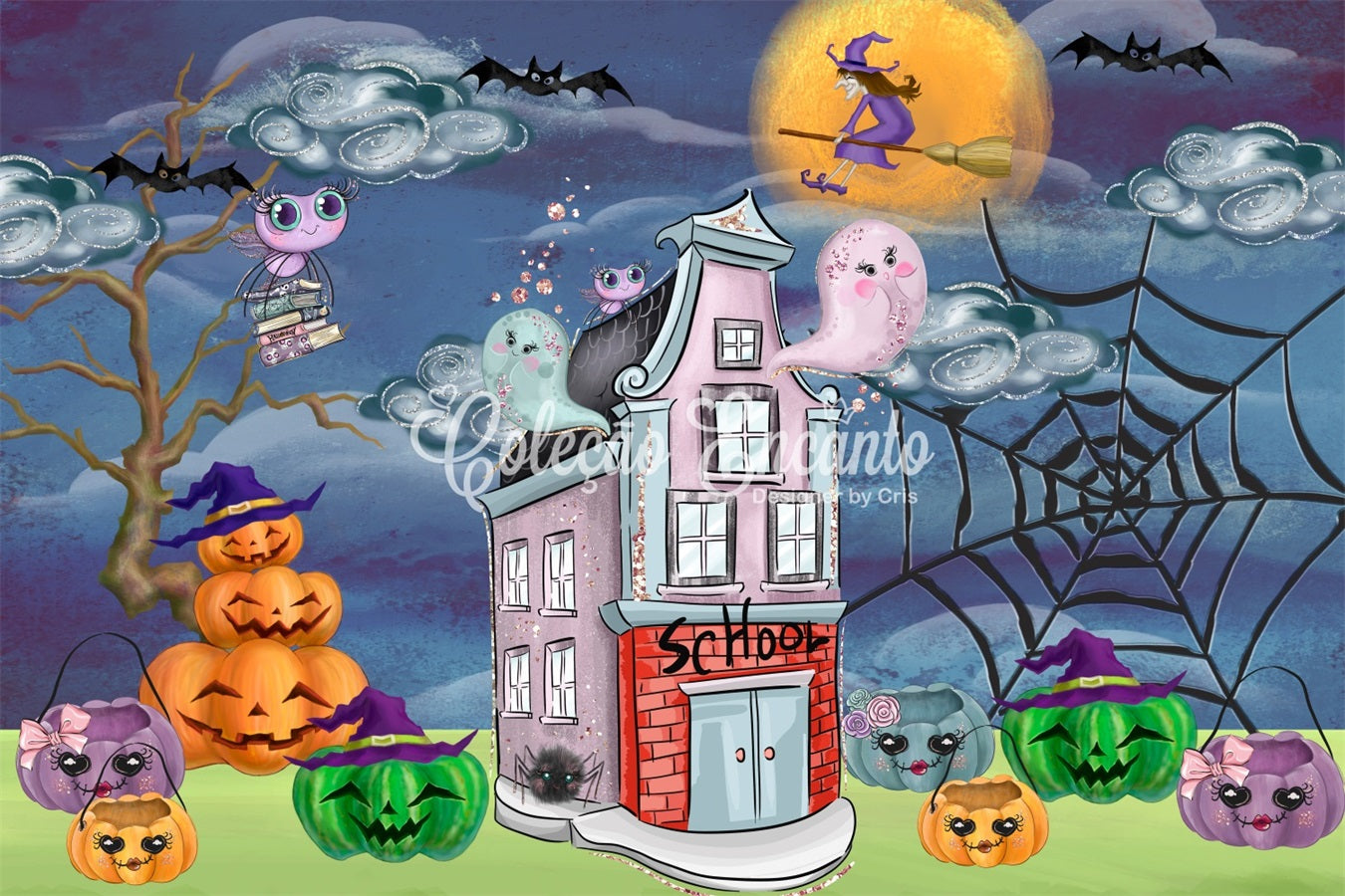 Newborn Backdrop Spooky School Pumpkin Witch Night Halloween Backdrop Kids UK By Magali