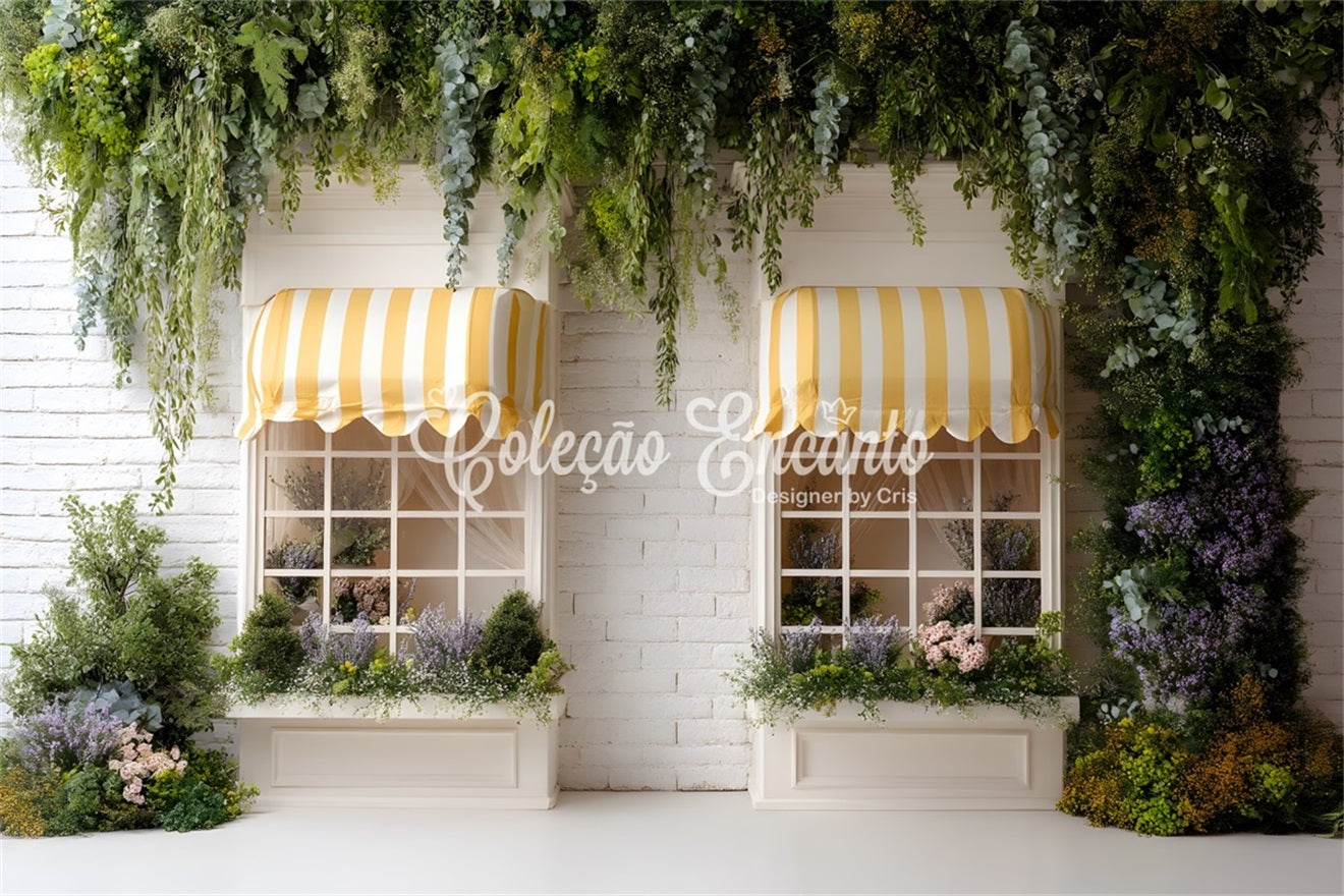 Easter Spring Backdrop Striped Yellow Awning Garden Windows Easter Picture Backdrop UK By Magali