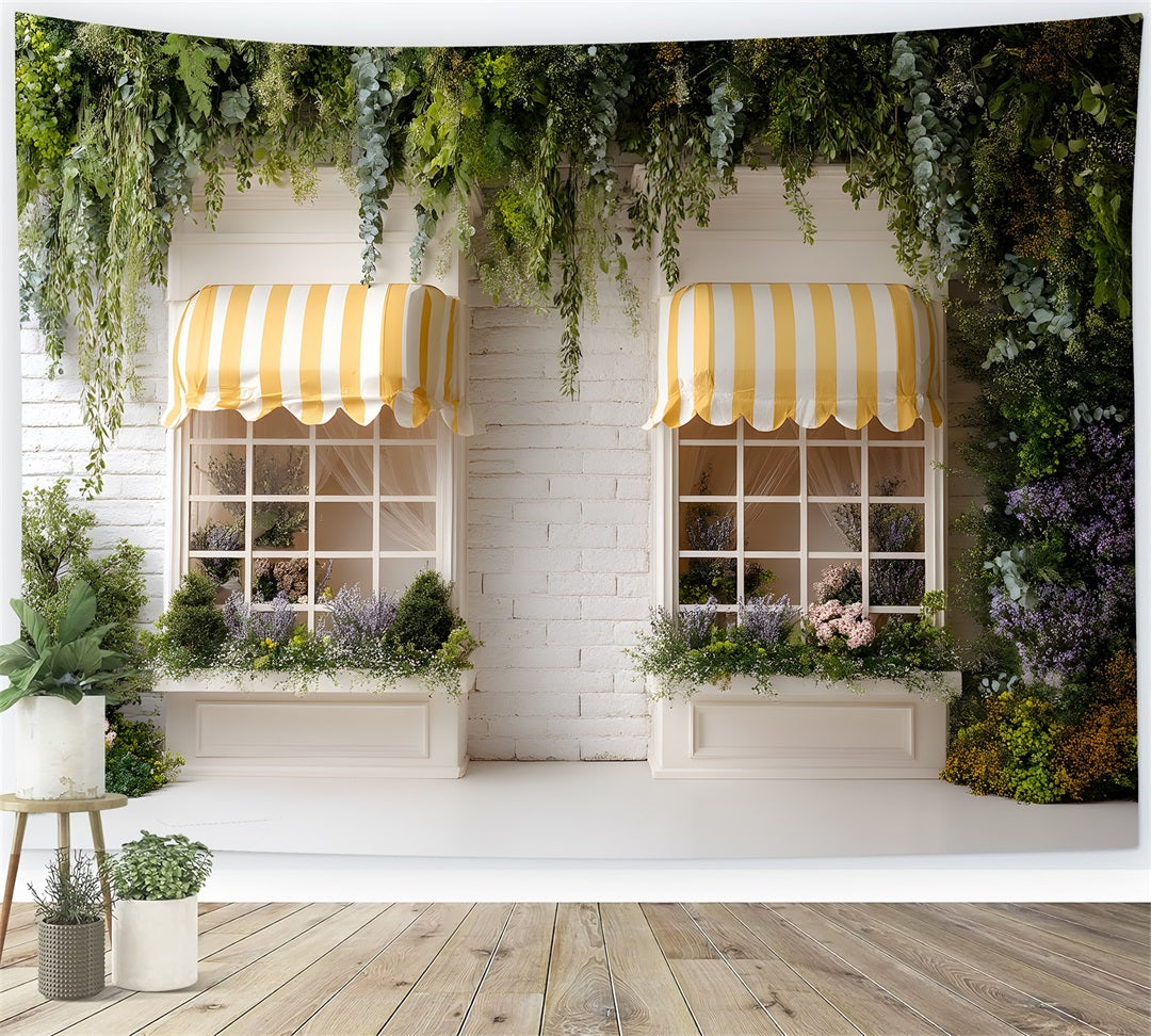 Easter Spring Backdrop Striped Yellow Awning Garden Windows Easter Picture Backdrop UK By Magali