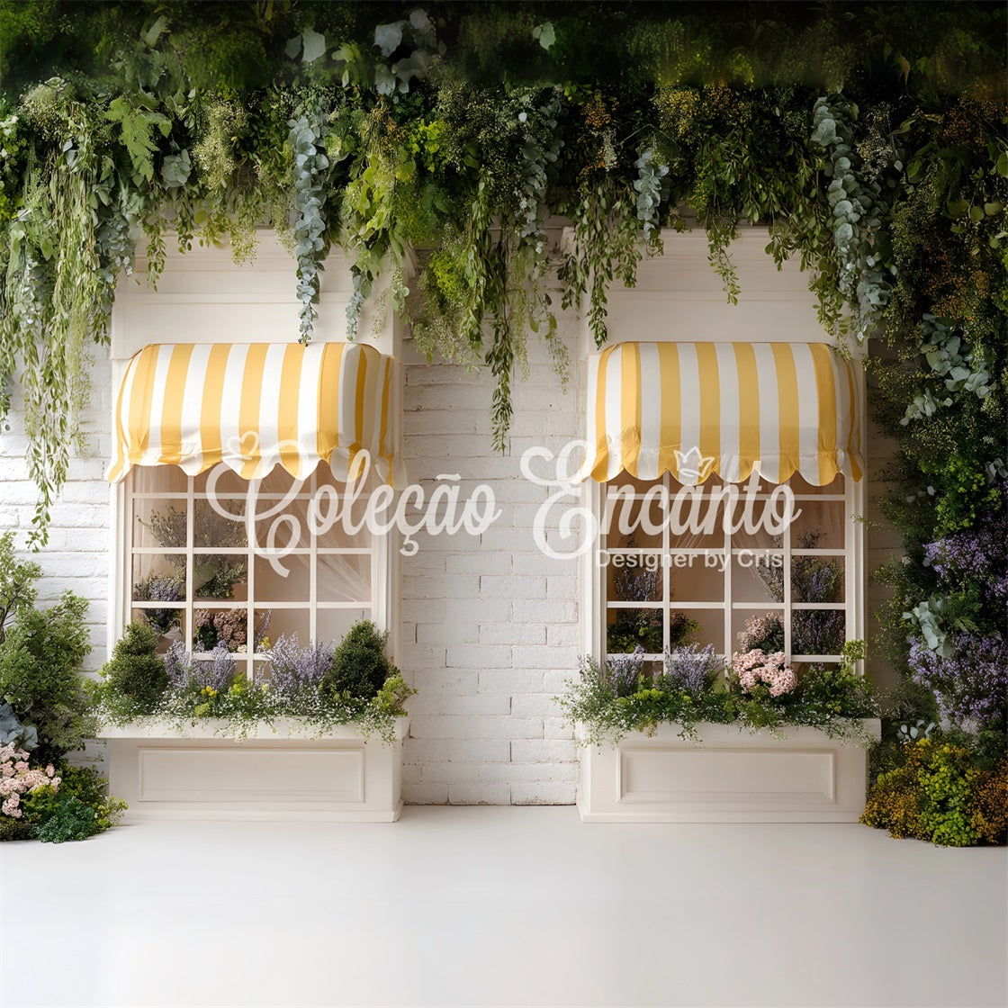 Easter Spring Backdrop Striped Yellow Awning Garden Windows Easter Picture Backdrop UK By Magali