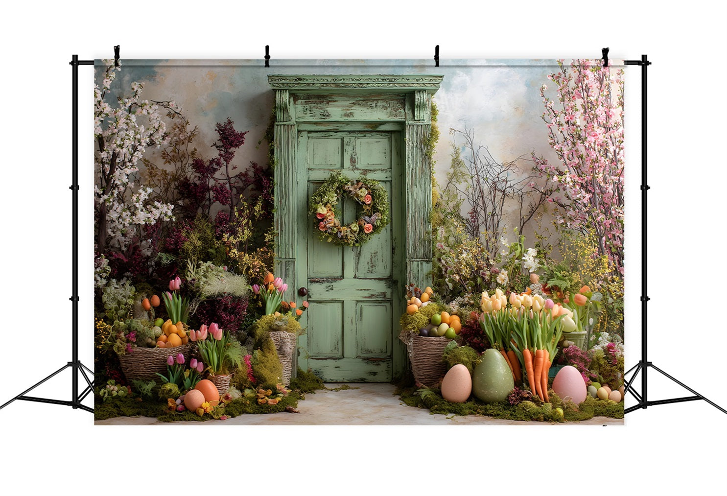 Easter Tulip Backdrop Mossy Rustic Green Door Egg Photo Backdrops For Easter UK By Magali
