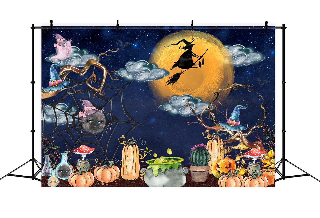 Backdrop For Children Midnight Witch Cauldron Pumpkin Halloween Backdrop Kids UK By Magali
