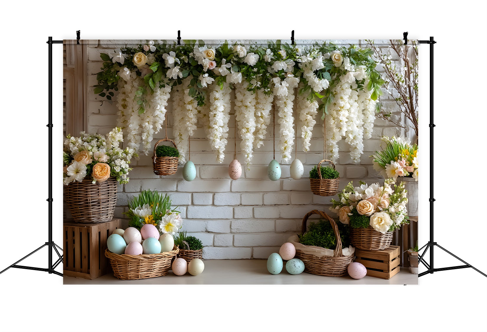 Easter Basket Backdrop White Floral Egg Wall Easter Themed Backdrops UK By Magali