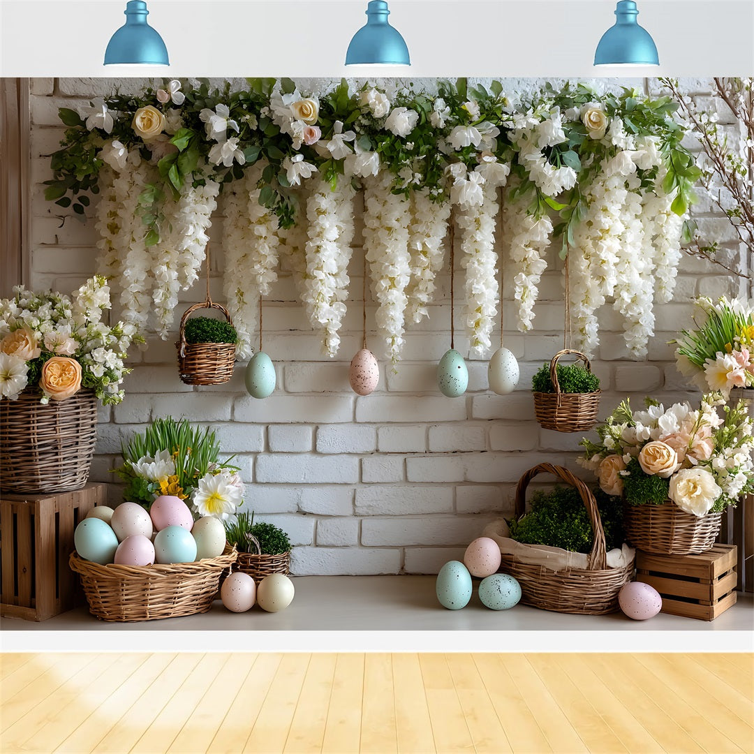 Easter Basket Backdrop White Floral Egg Wall Easter Themed Backdrops UK By Magali