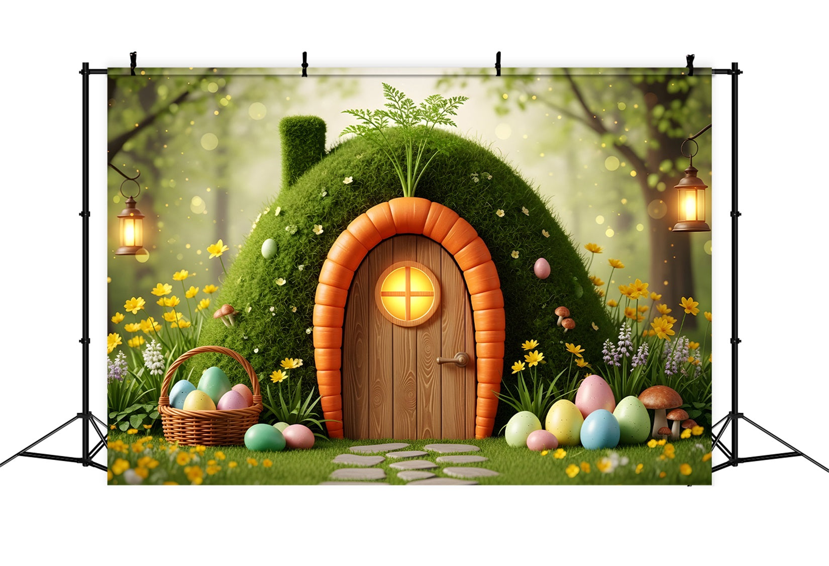 Easter Natural Backdrop Carrot Door Mossy Egg House Outdoor Easter Backdrops UK By Magali