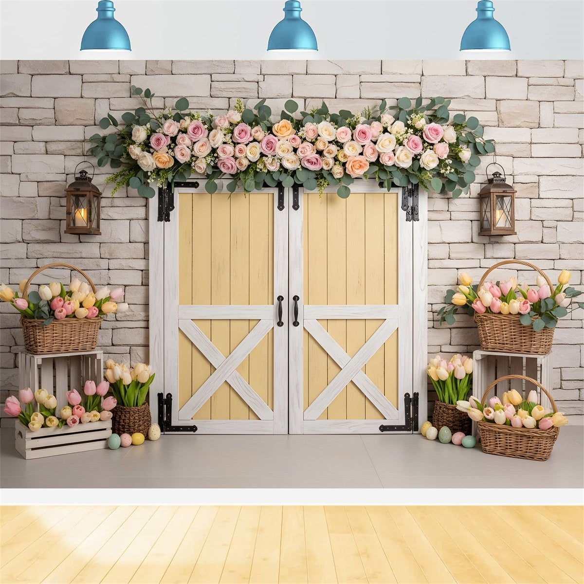 Easter Wreath Doorway Backdrop Yellow Door Tulip Egg Basket Easter Backdrop Pictures UK By Magali