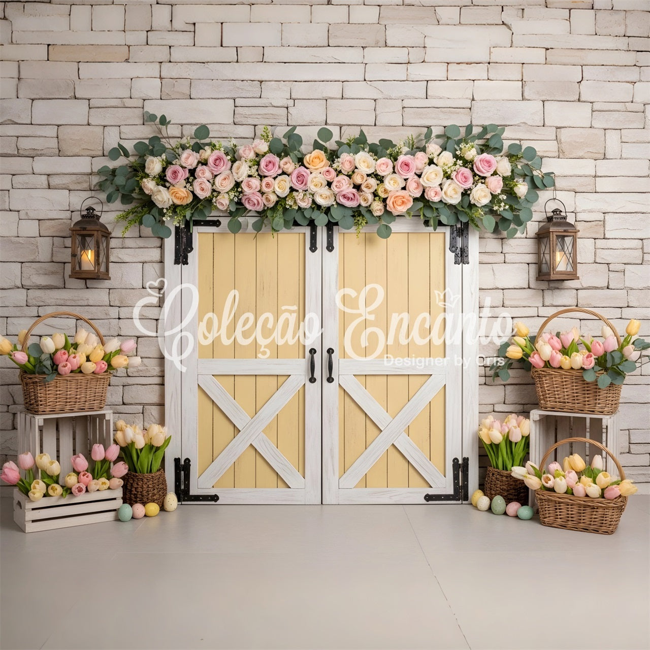 Easter Wreath Doorway Backdrop Yellow Door Tulip Egg Basket Easter Backdrop Pictures UK By Magali